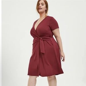TORRID DARK RED PREMIUM PONTE O-RING MINI WRAP DRESS Plus Size